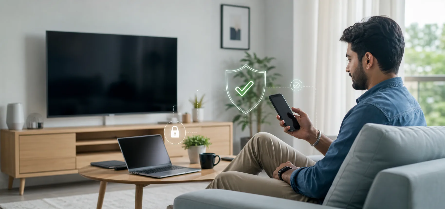 Person safely using a smart TV and phone for streaming login help